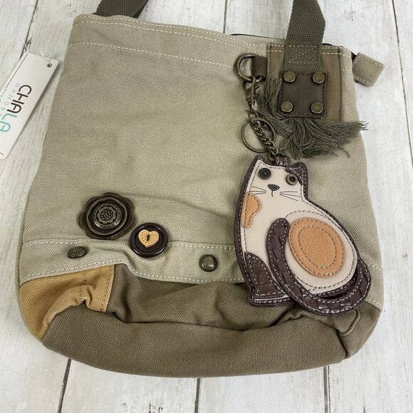 Chala Purse Sand Canvas Crossbody with Calico Cat Key Chain Change Purse NWT - Picture 2 of 13